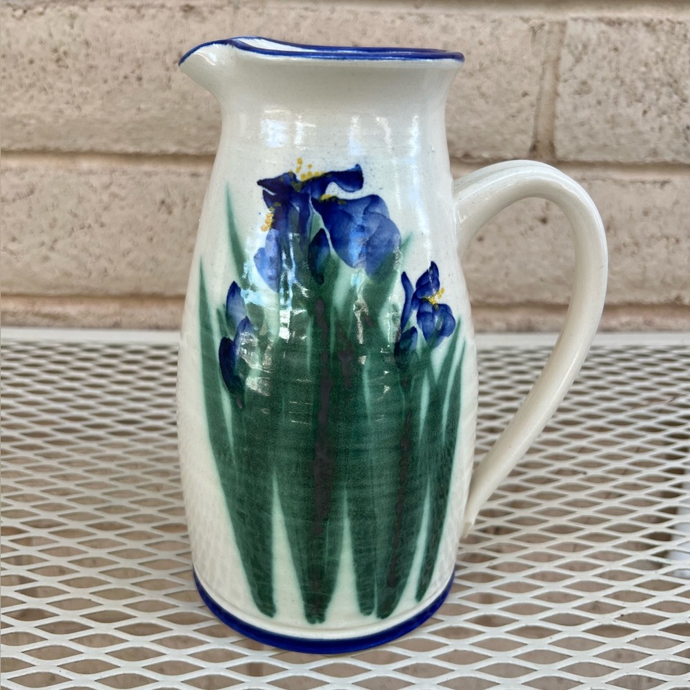 Pottery Blue Iris Pitcher Vase Signed